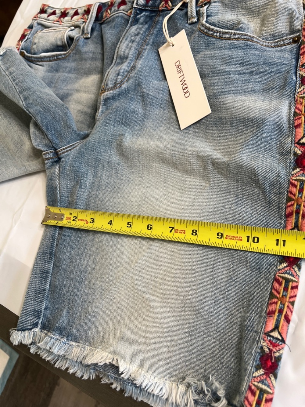 DRIFTWOOD Light Blue Denim Shorts with Red Embroidered Trim - Picture 13 of 15